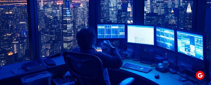 A trader sits before an array of monitors, utilizing advanced charting techniques in CFD trading to make informed decisions and navigate financial markets effectively.