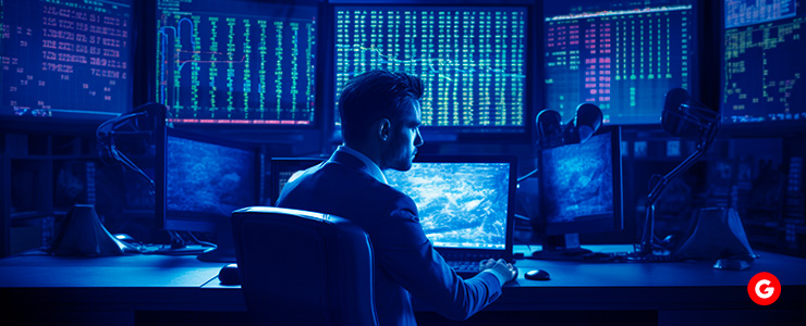 A focused trader stationed before a row of interconnected monitors, deeply immersed in the art of strategic online trading.