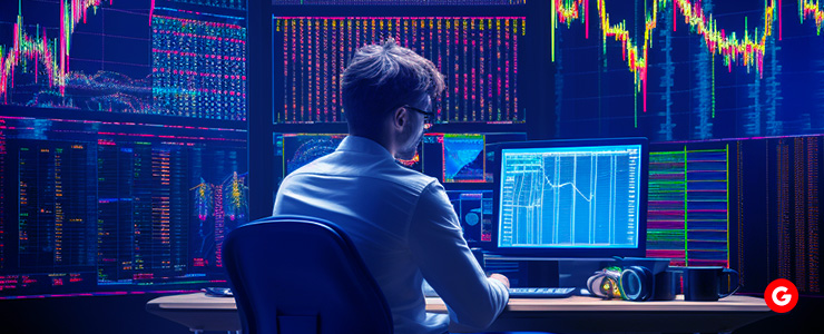 A trader, positioned before screens, actively navigating the intricacies of Forex market dynamics.