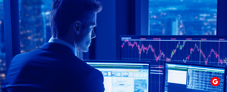 A trader intently monitoring multiple screens with live forex data, embodying the spirit of forex trading.