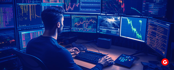 A trader in front of multiple screens, navigating the complexities of Forex market dynamics.