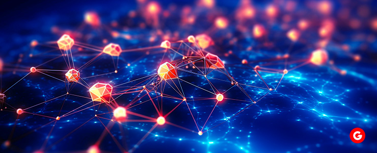 A decentralized network of computers connected together, representing blockchain technology.