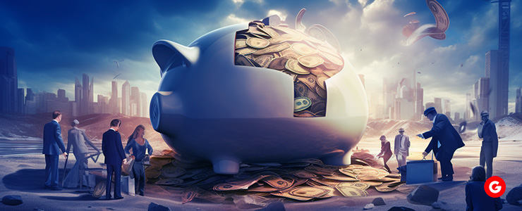 Visualize financial prudence: Individuals safeguarding their savings by depositing them into a colossal piggy bank. A whimsical approach to wealth preservation.