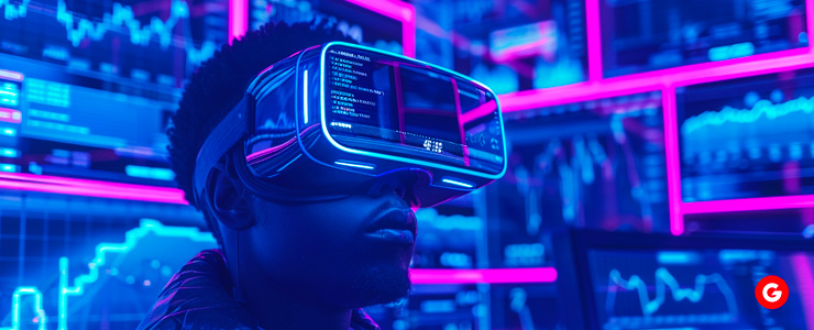 A trader using  VR glasses ,sci-fi trading