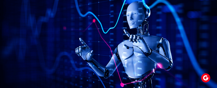 A robot in front of a chart, examining information, representing the integration of technology and data analysis.