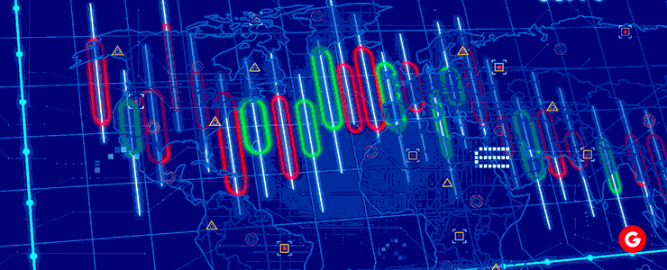 A blue screen displays a red arrow pointing towards a world map, illustrating the concept of position trading.