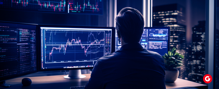 A man seated at a desk, focused on two monitors displaying stock market data and charts.