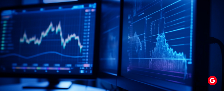 Two computer monitors displaying graphs and stock market data, illustrating financial trends and market performance.