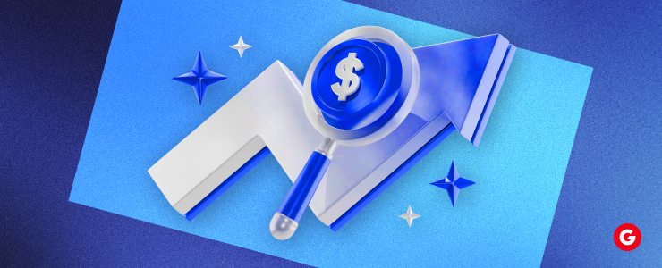 A blue and white graphic featuring a dollar sign alongside a magnifying glass, symbolizing financial analysis or search.