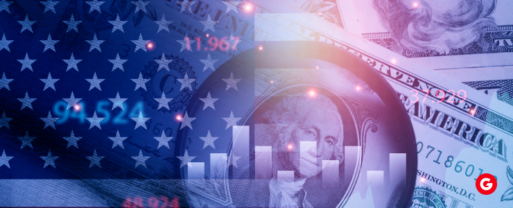 US dollar and stock market news headlines displayed on a digital screen, highlighting current financial updates.