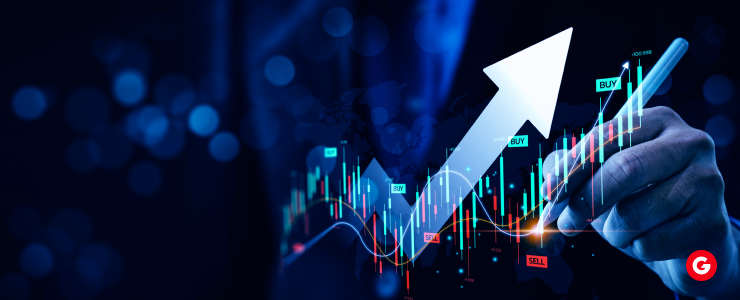 Detailed view of a screen showing a stock market graph, highlighting trends and price movements.