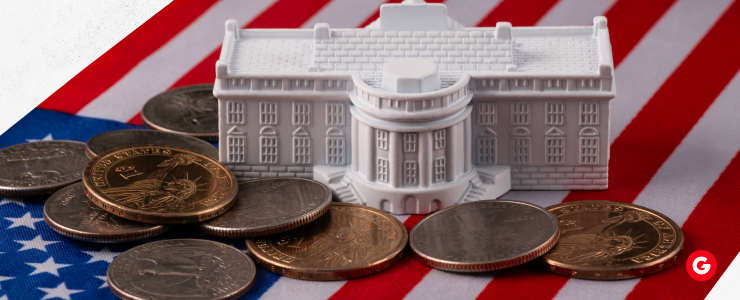 A house and coins on a flag, featuring the words "American House" prominently displayed.