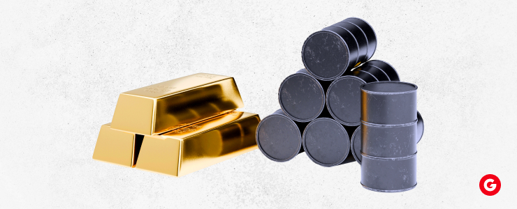 A group of three charts displaying the prices of gold and oil, highlighting their current market trends.