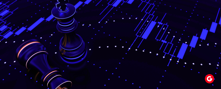 A chess board displayed against a blue background, symbolizing strategy and competition in financial markets.