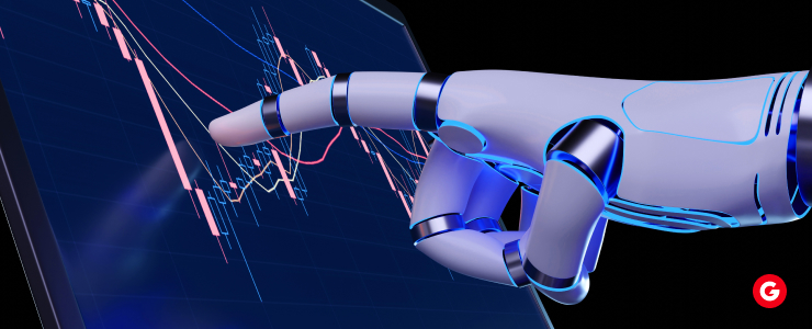 A robot pointing at a computer screen displaying a trading chart, illustrating MT4 trading bots in action.