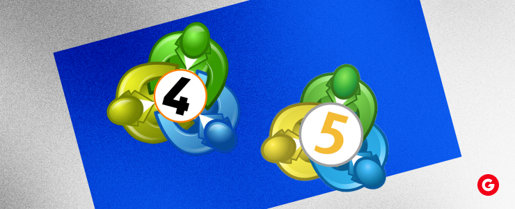 Image of four people in blue and yellow, each labeled with numbers, illustrating a comparison of MT4 vs MT5.