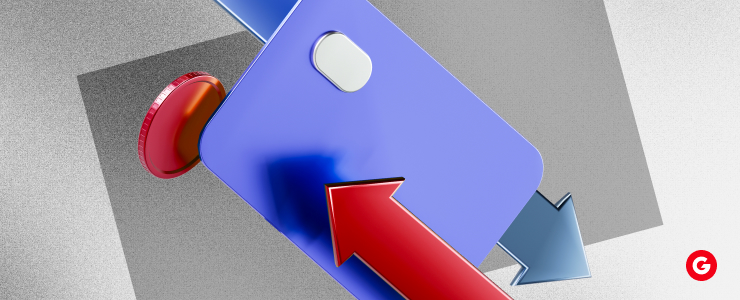A blue and red arrow pointing towards another red and blue arrow, indicating direction or emphasis.