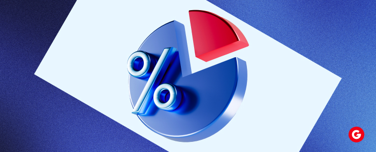 Blue and red pie chart illustrating currency volatility percentages during elections, with a percentage sign included.