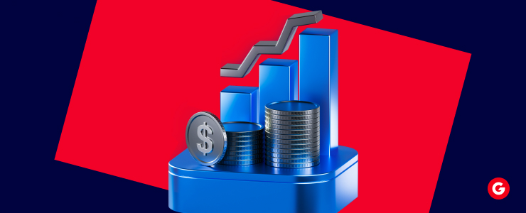A blue and red background featuring a bar chart and coins, representing tokenized assets and their market performance.