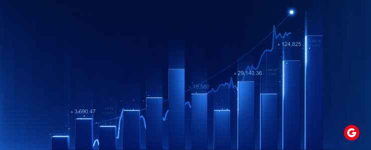 Graph chart on a blue background illustrating AI applications in CFD trading.